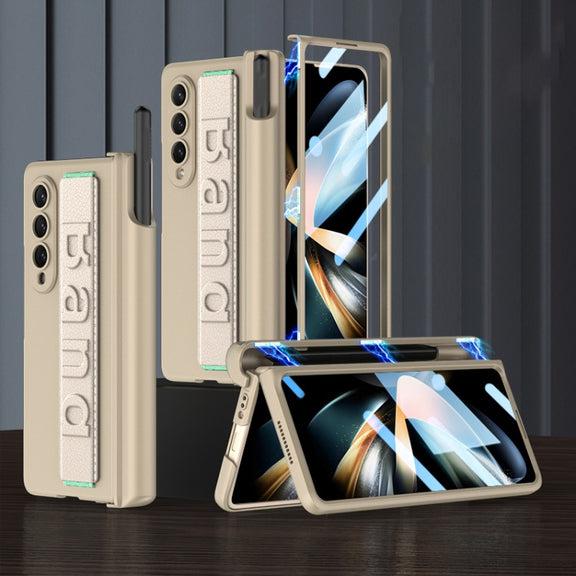 For Samsung Galaxy Z Fold4 GKK Integrated Magnetic Folding Hinge Phone Case with Wrist Strap & Pen Holder(Champagne Gold)