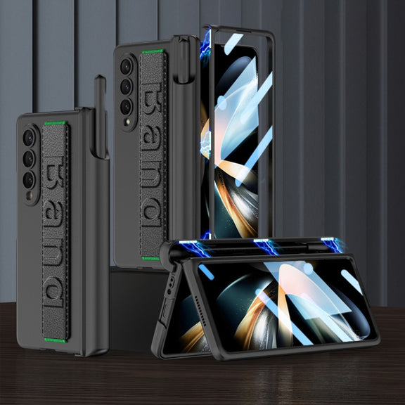 For Samsung Galaxy Z Fold4 GKK Integrated Magnetic Folding Hinge Phone Case with Wrist Strap & Pen Holder(Black)