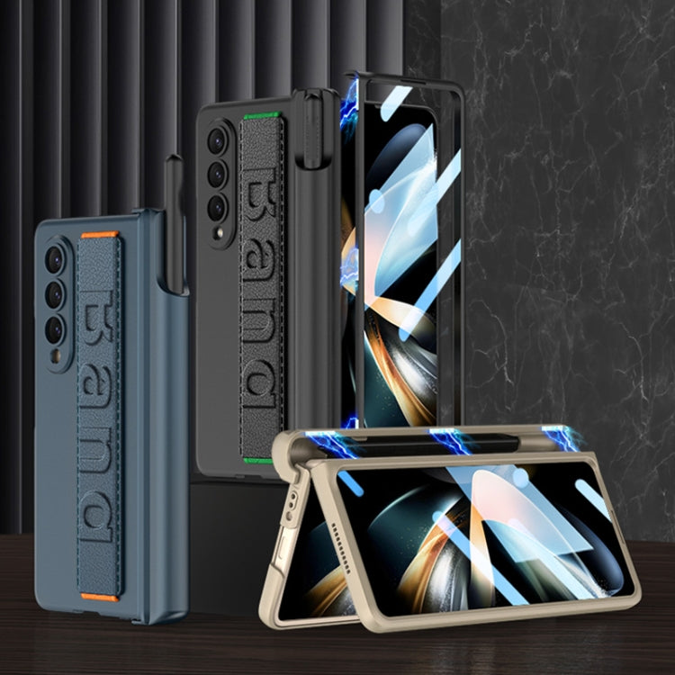 For Samsung Galaxy Z Fold4 GKK Integrated Magnetic Folding Hinge Phone Case with Wrist Strap & Pen Holder(Carbon Fiber)