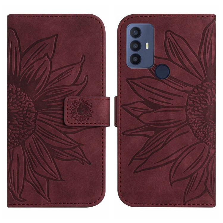 For TCL 30 SE/30E/306/305 Skin Feel Sun Flower Pattern Flip Leather Phone Case with Lanyard(Wine Red)