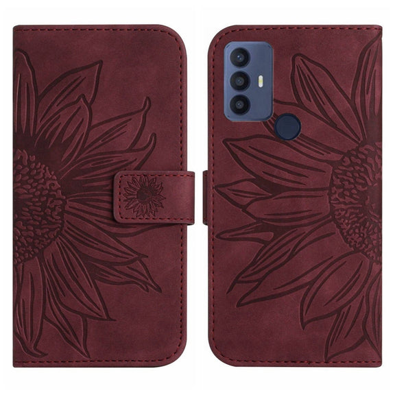 For TCL 30 SE/30E/306/305 Skin Feel Sun Flower Pattern Flip Leather Phone Case with Lanyard(Wine Red)