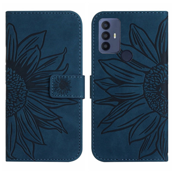 For TCL 30 SE/30E/306/305 Skin Feel Sun Flower Pattern Flip Leather Phone Case with Lanyard(Inky Blue)