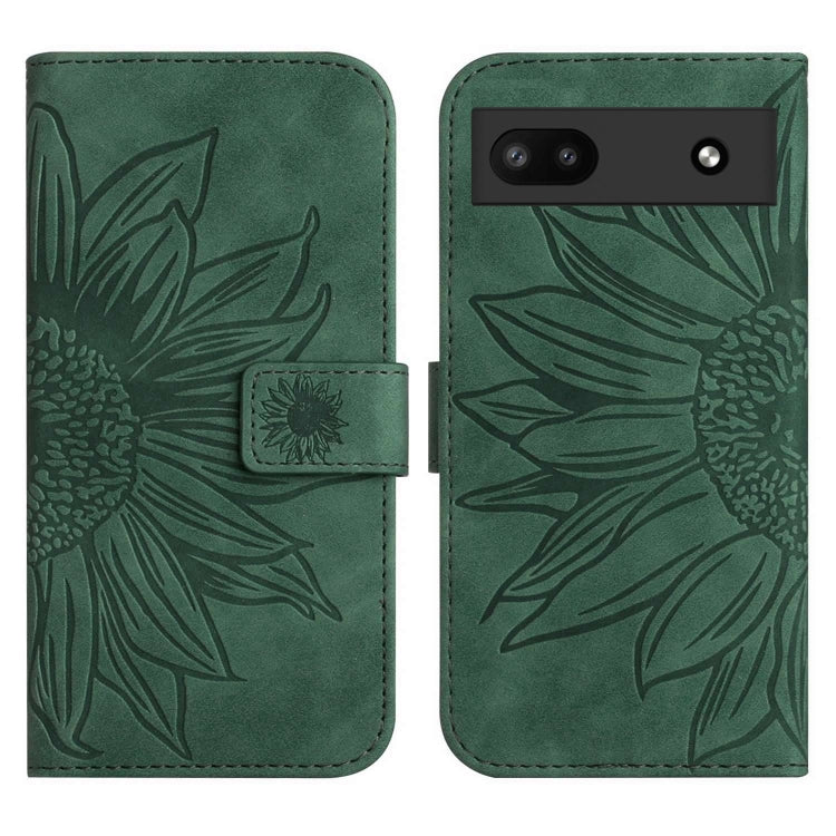 For Google Pixel 6A Skin Feel Sun Flower Pattern Flip Leather Phone Case with Lanyard(Green)