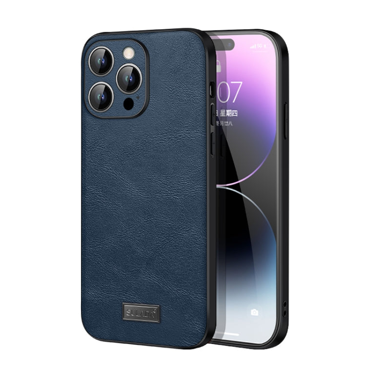 For iPhone 14 Pro Max SULADA Shockproof TPU + Handmade Leather Phone Case(Blue)