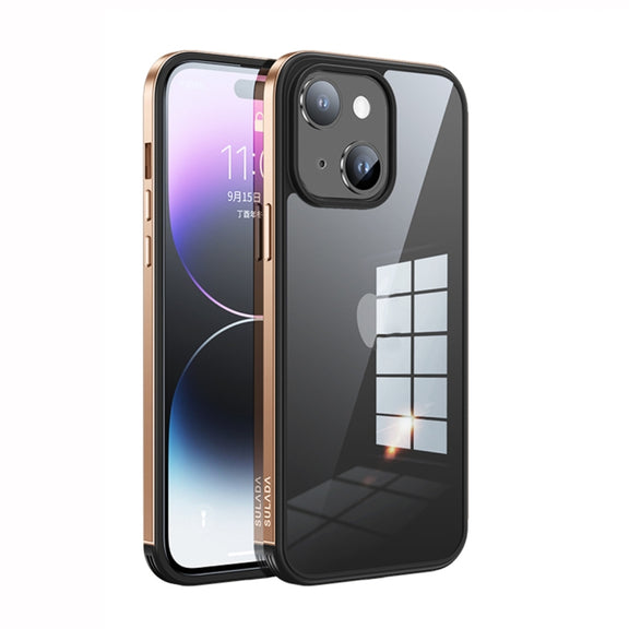 For iPhone 14 Plus SULADA Metal Frame + Nano Glass + TPU Phone Case(Champagne Gold)