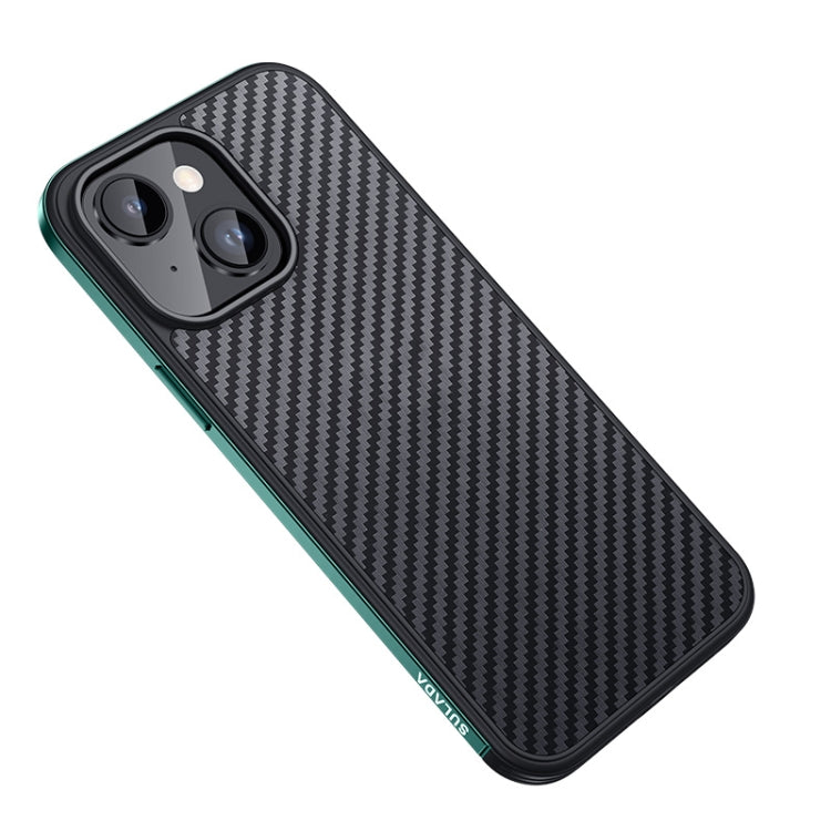 For iPhone 14 SULADA Carbon Fiber Textured Shockproof Metal + TPU Frame Case(Dark Green)
