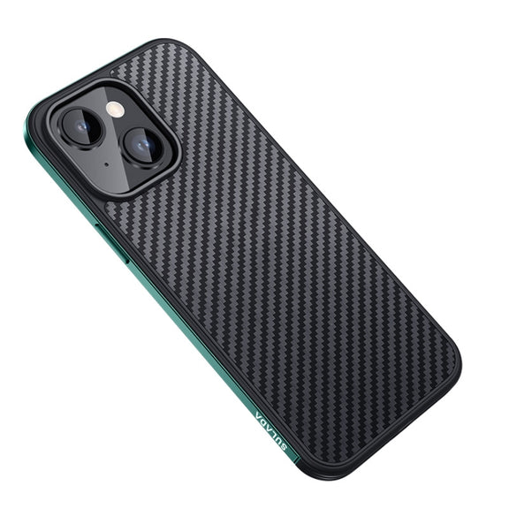 For iPhone 14 SULADA Carbon Fiber Textured Shockproof Metal + TPU Frame Case(Dark Green)