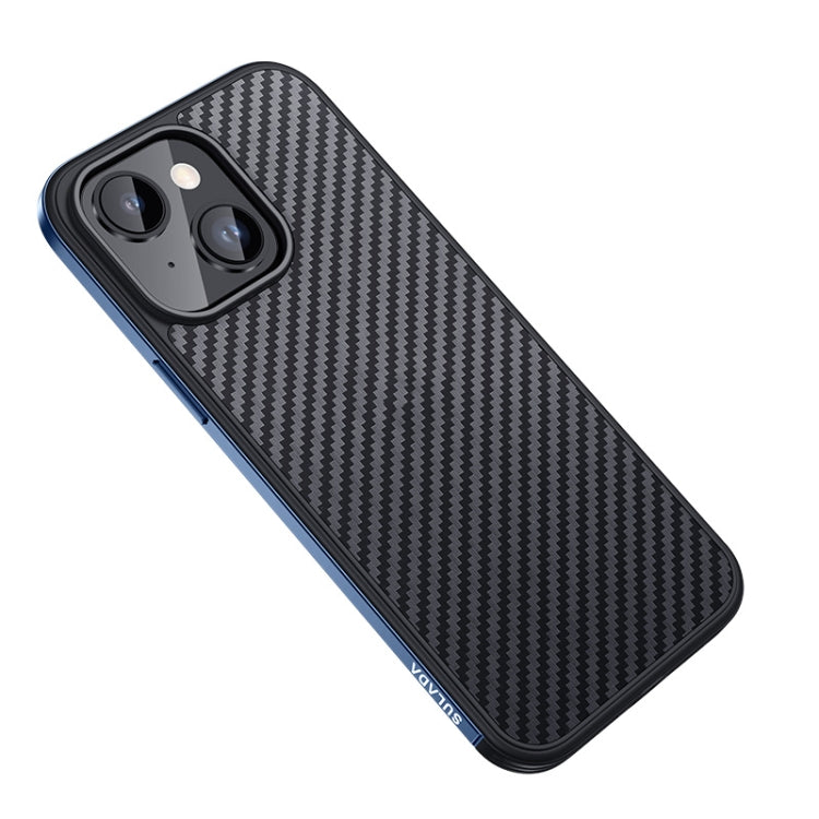 For iPhone 14 SULADA Carbon Fiber Textured Shockproof Metal + TPU Frame Case(Dark Blue)