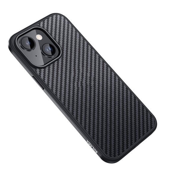 For iPhone 14 SULADA Carbon Fiber Textured Shockproof Metal + TPU Frame Case(Black)