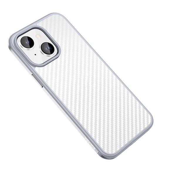 For iPhone 14 SULADA Carbon Fiber Textured Shockproof Metal + TPU Frame Case(Silver)
