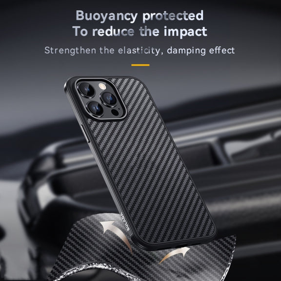 For iPhone 14 SULADA Carbon Fiber Textured Shockproof Metal + TPU Frame Case(Silver)