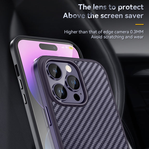 For iPhone 14 SULADA Carbon Fiber Textured Shockproof Metal + TPU Frame Case(Dark Purple)