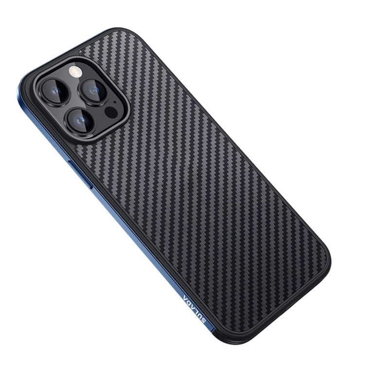 For iPhone 14 Pro SULADA Carbon Fiber Textured Shockproof Metal + TPU Frame Case(Dark Blue)