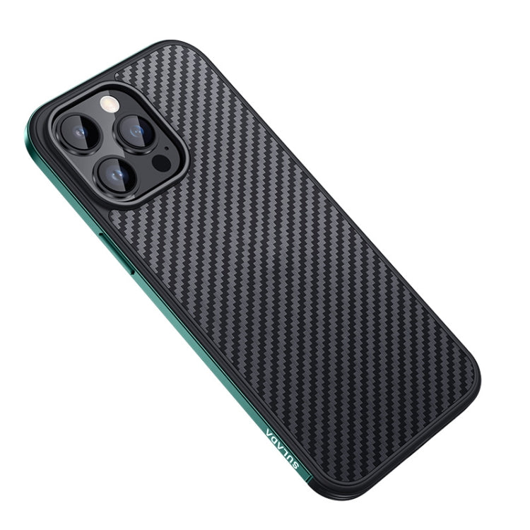 For iPhone 14 Pro Max SULADA Carbon Fiber Textured Shockproof Metal + TPU Frame Case(Dark Green)