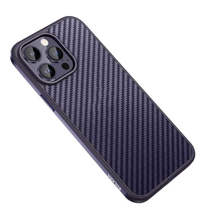 For iPhone 14 Pro Max SULADA Carbon Fiber Textured Shockproof Metal + TPU Frame Case(Dark Purple)