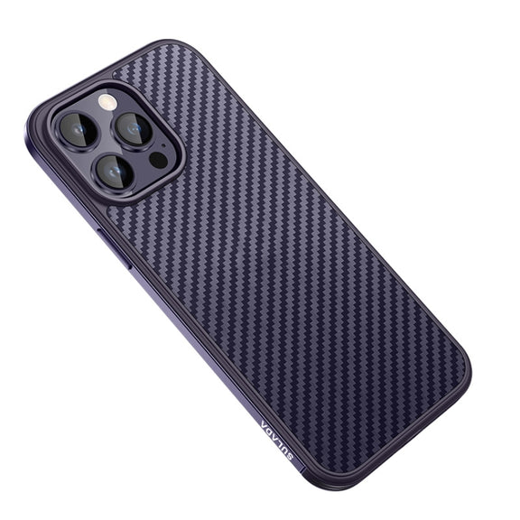 For iPhone 14 Pro Max SULADA Carbon Fiber Textured Shockproof Metal + TPU Frame Case(Dark Purple)