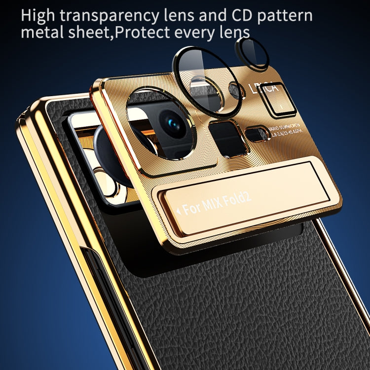 For Xiaomi Mix Fold 2 Plain Leather Double Hinged Folding Phone Case with Stylus(Gold+Blue)