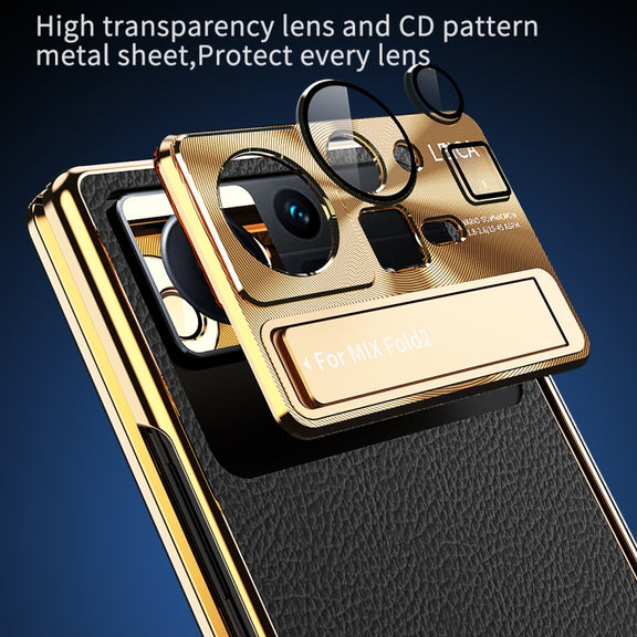 For Xiaomi Mix Fold 2 Plain Leather Double Hinged Folding Phone Case with Stylus(Gold+Blue)