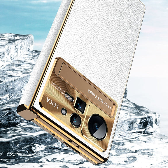 For Xiaomi Mix Fold 2 Plain Leather Double Hinged Folding Phone Case with Stylus(Gold+Blue)