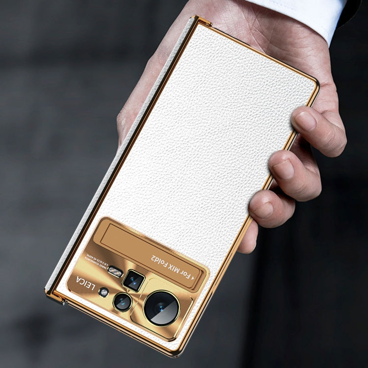 For Xiaomi Mix Fold 2 Plain Leather Double Hinged Folding Phone Case with Stylus(Gold+Blue)