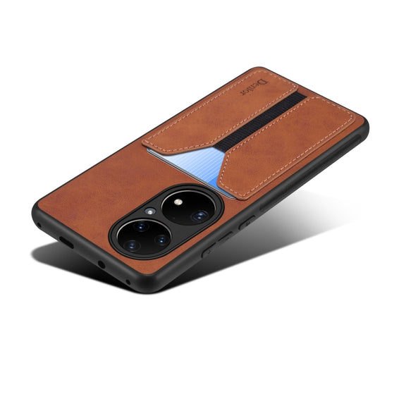 For Huawei P50 Pro Denior DV Elastic Card PU Back Cover Phone Case(Brown)