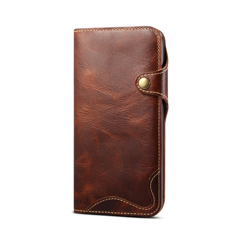 For iPhone 14 Denior Oil Wax Cowhide Magnetic Button Genuine Leather Case(Brown)