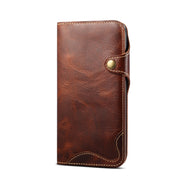 For iPhone 14 Denior Oil Wax Cowhide Magnetic Button Genuine Leather Case(Brown)