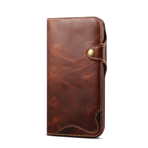 For iPhone 14 Denior Oil Wax Cowhide Magnetic Button Genuine Leather Case(Brown)