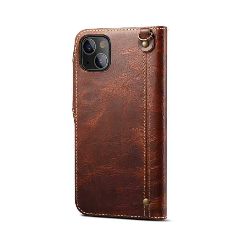 For iPhone 14 Denior Oil Wax Cowhide Magnetic Button Genuine Leather Case(Brown)