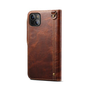 For iPhone 14 Denior Oil Wax Cowhide Magnetic Button Genuine Leather Case(Brown)