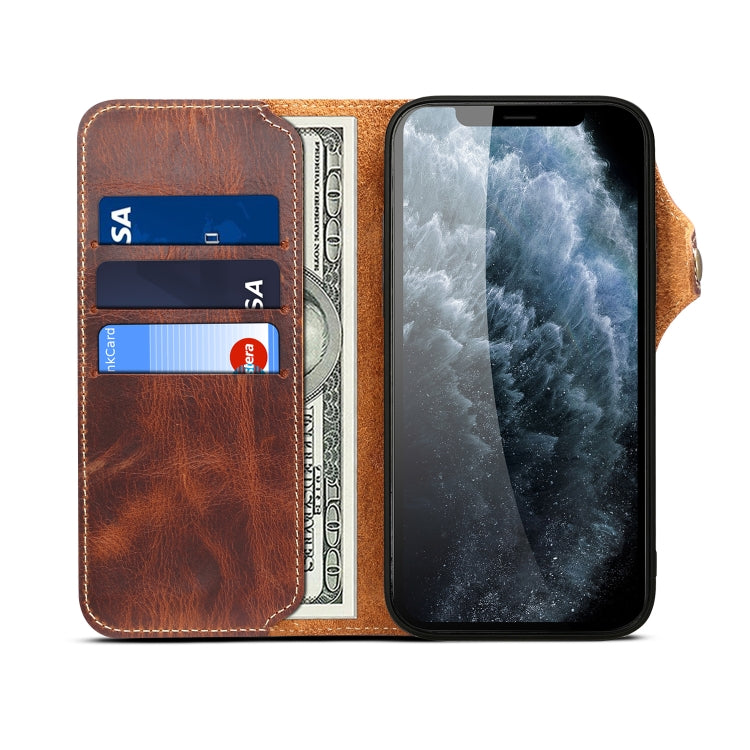 For iPhone 14 Denior Oil Wax Cowhide Magnetic Button Genuine Leather Case(Brown)