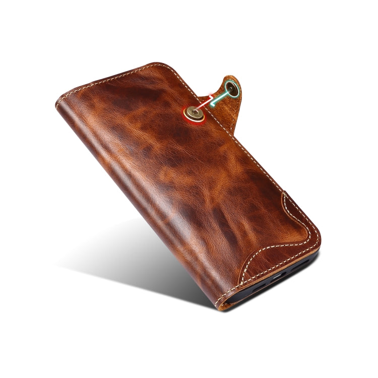 For iPhone 14 Denior Oil Wax Cowhide Magnetic Button Genuine Leather Case(Brown)