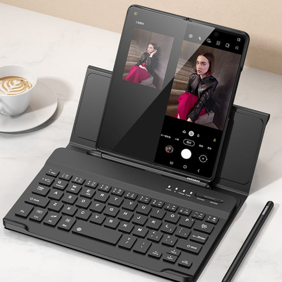 For Samsung Galaxy Z Fold4 GKK Magnetic Folding Bluetooth Keyboard Leather Case with Pen + Phone Case(Black)