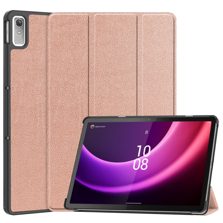 For Lenovo Tab P11 Gen 2 Custer Pure Color 3-Fold Holder Leather Smart Tablet Case(Rose Gold)