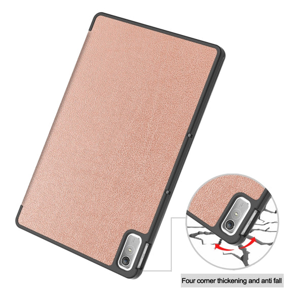 For Lenovo Tab P11 Gen 2 Custer Pure Color 3-Fold Holder Leather Smart Tablet Case(Rose Gold)