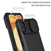 For Samsung Galaxy A04 4G Stereoscopic Holder Sliding Camshield Phone Case(Black)