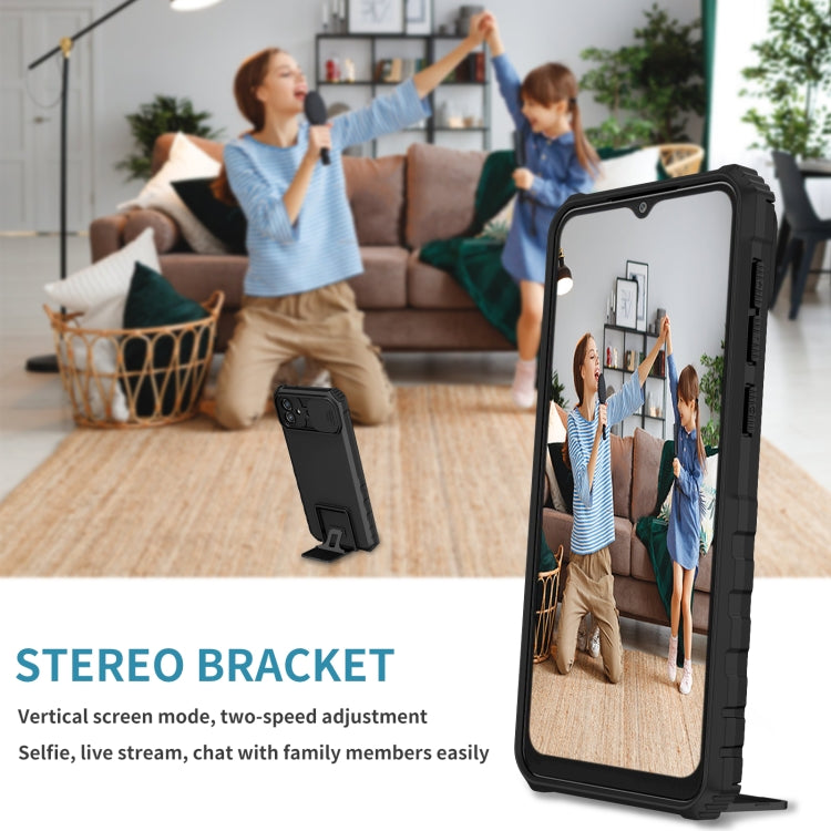 For Samsung Galaxy A04 4G Stereoscopic Holder Sliding Camshield Phone Case(Black)