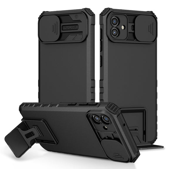 For Samsung Galaxy A04 4G Stereoscopic Holder Sliding Camshield Phone Case(Black)
