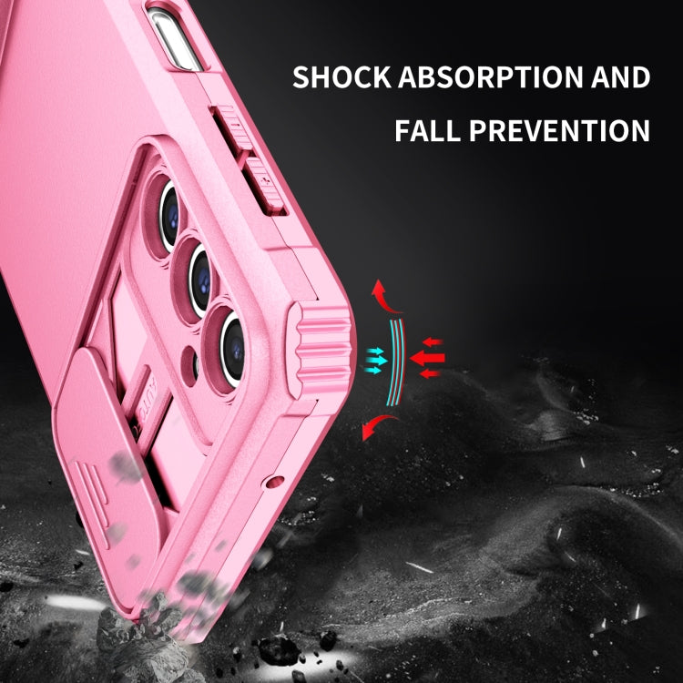 For Samsung Galaxy A14 5G Stereoscopic Holder Sliding Camshield Phone Case(Pink)