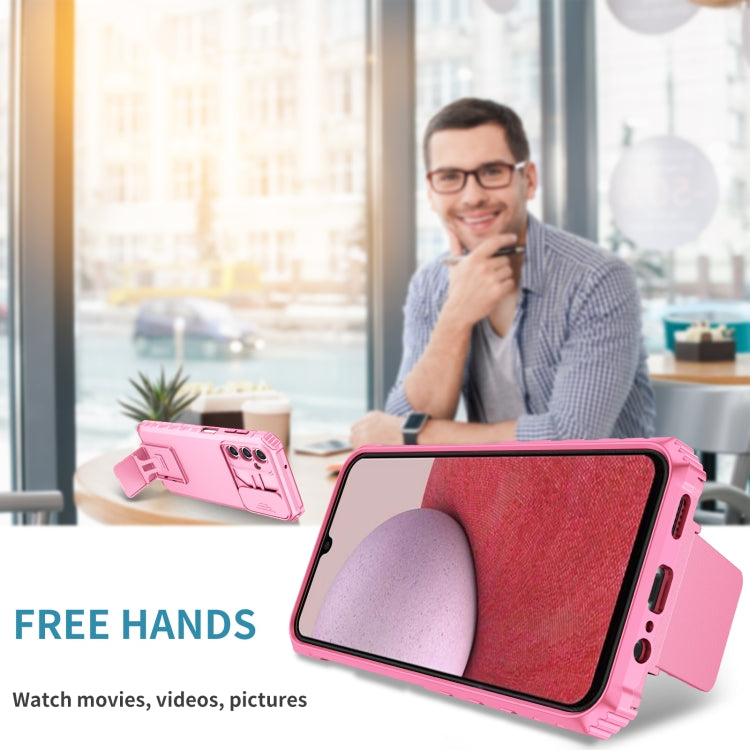For Samsung Galaxy A14 5G Stereoscopic Holder Sliding Camshield Phone Case(Pink)