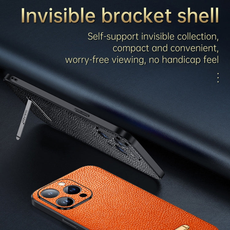 For iPhone 14 SULADA Invisible Bracket Leather Back Cover Phone Case(Orange)
