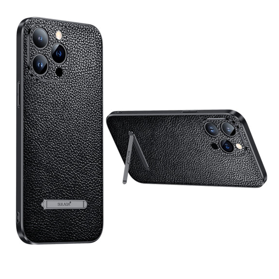 For iPhone 13 SULADA Invisible Bracket Leather Back Cover Phone Case(Black)