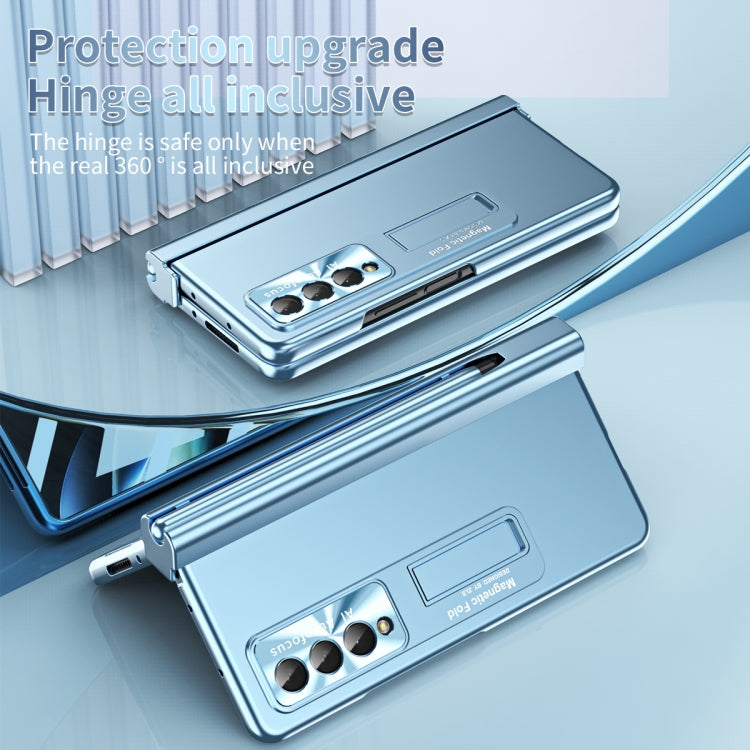 For Samsung Galaxy Z Fold3 5G Electroplating Corrugated Hinge Folding Phone Case with Pen Slot(Blue)