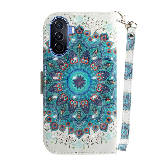 For Huawei nova Y70 Plus 3D Colored Pattern Flip Leather Phone Case(Peacock Wreath)