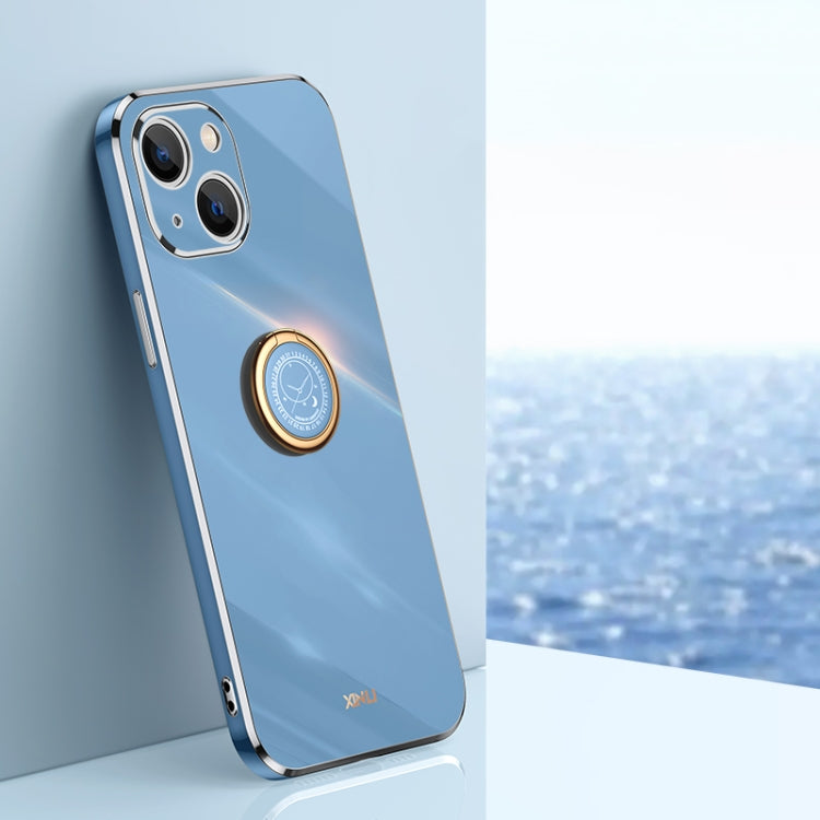 For iPhone 13 XINLI Straight Edge 6D Electroplate TPU Phone Case with Ring Holder(Celestial Blue)