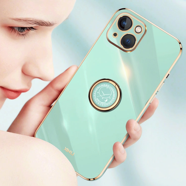 For iPhone 13 XINLI Straight Edge 6D Electroplate TPU Phone Case with Ring Holder(Cherry Purple)