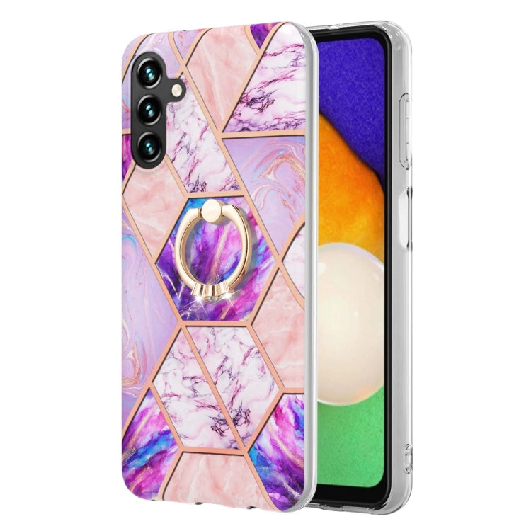 For Samsung Galaxy A14 5G Splicing Marble Flower IMD TPU Phone Case Ring Holder(Light Purple)