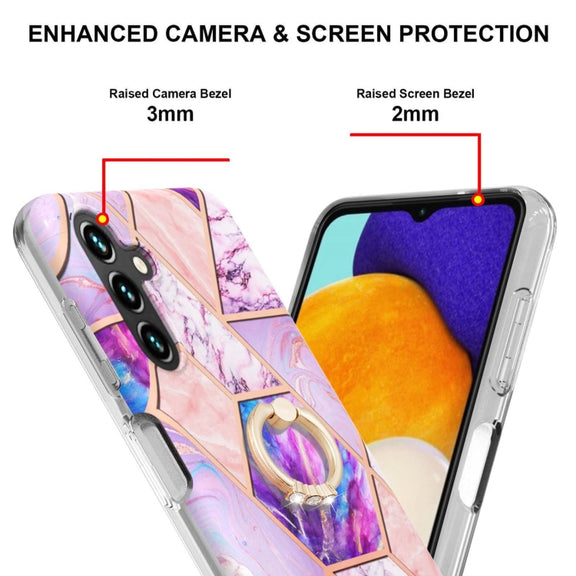 For Samsung Galaxy A14 5G Splicing Marble Flower IMD TPU Phone Case Ring Holder(Light Purple)