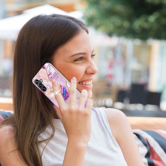 For Samsung Galaxy A14 5G Splicing Marble Flower IMD TPU Phone Case Ring Holder(Light Purple)