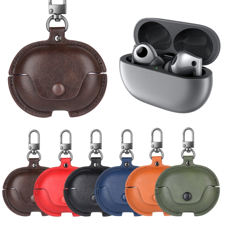 For Huawei FreeBuds Pro 2 Business Leather Earphone Protective Case with Hook(Dark Brown)